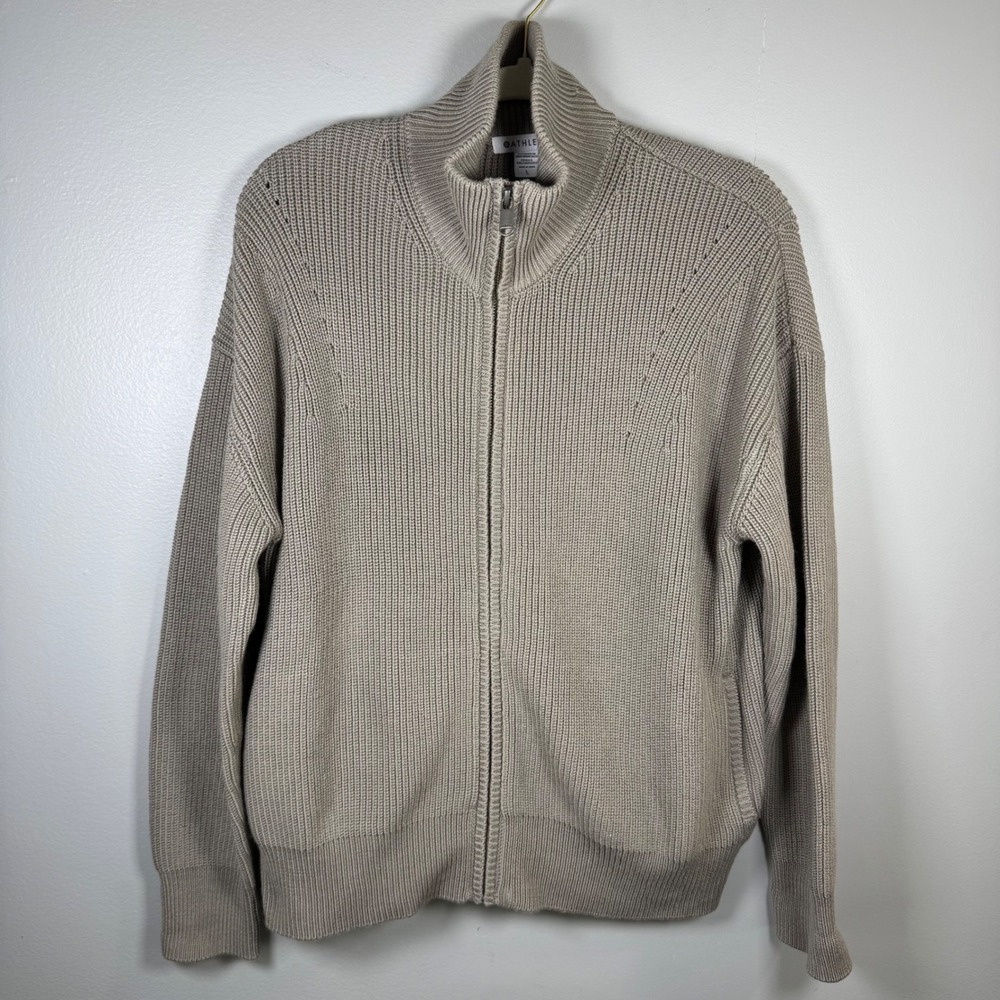Athleta Escapade Mock Neck Bomber Sweater Taupe Merino Wool Blend Large Full Zip